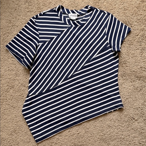Monse Navy Blue White Striped Asymmetrical Short Sleeve T Shirt Top - Picture 1 of 7